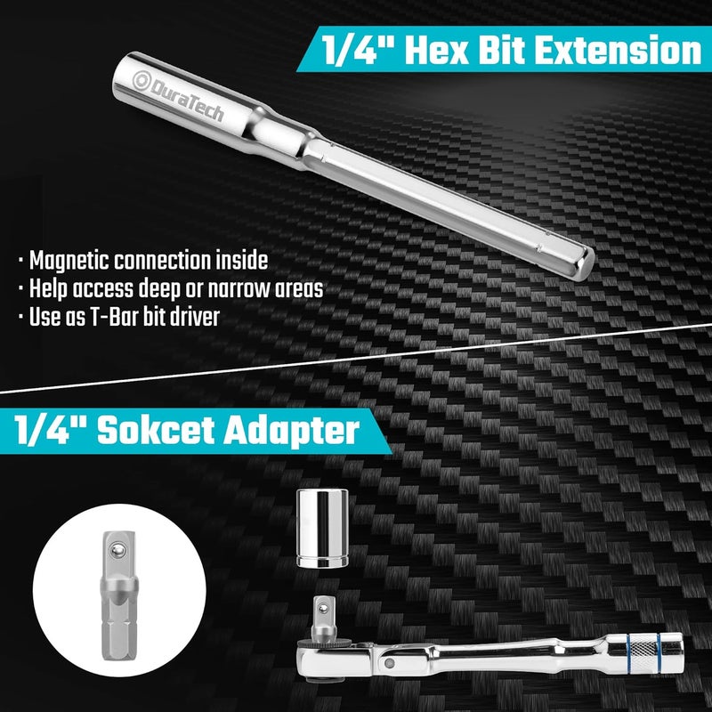 DURATECH 1/4" Flex Head T-Handle Ratchet, Mini Ratchet Wrench with Hex Bit Extension Set and Sokcet Adapter, Suits Standard 1/4" Hex Bits, Portable and Versatile Repair Tool for Tight Spaces - Image 5